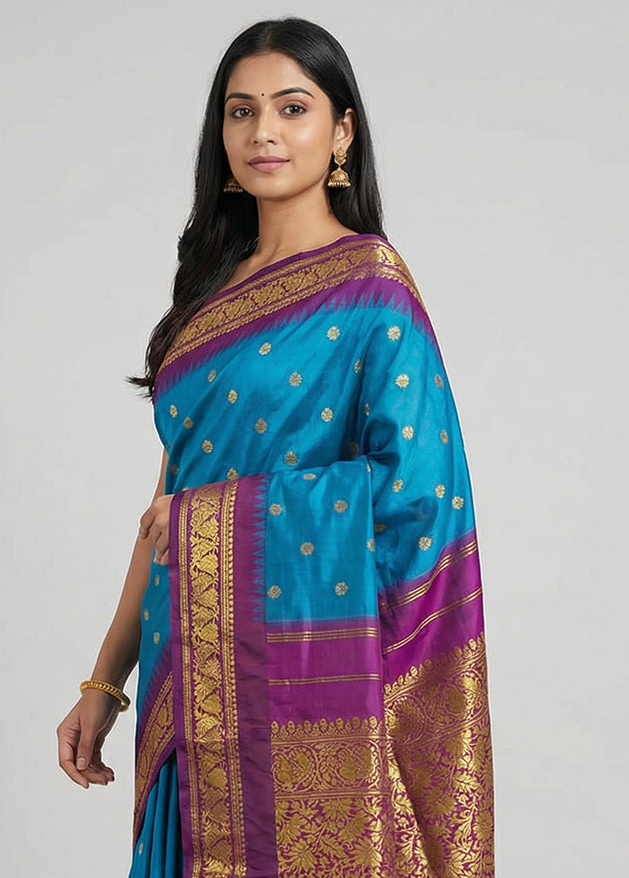 Blue Kanjivaram Silk Saree With Blouse Piece
