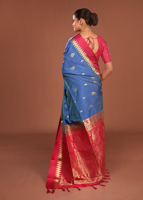 Blue Kanjivaram Silk Saree With Blouse Piece