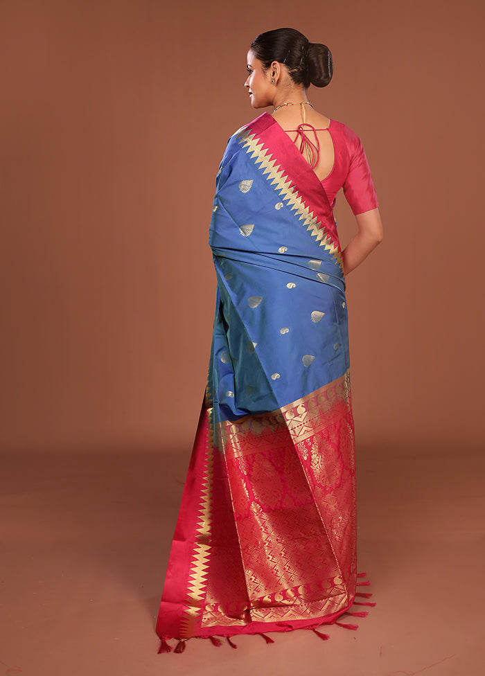 Blue Kanjivaram Silk Saree With Blouse Piece