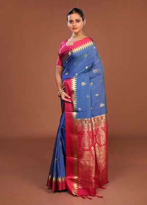 Blue Kanjivaram Silk Saree With Blouse Piece