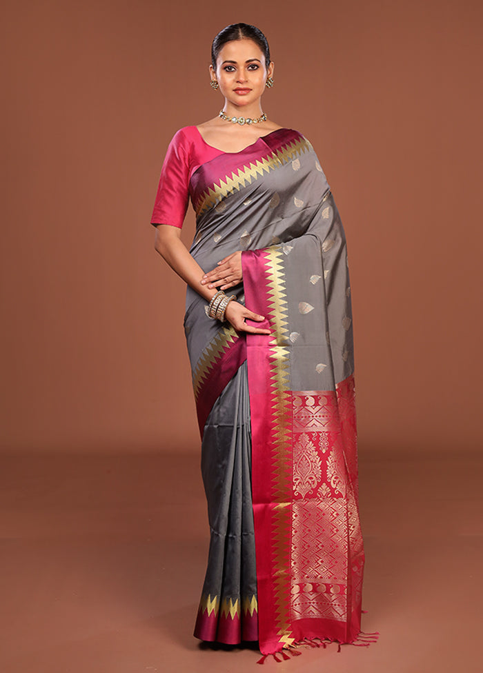Grey Kanjivaram Silk Saree With Blouse Piece