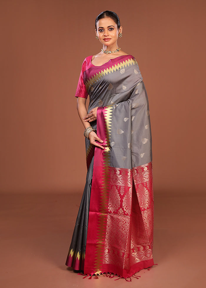 Grey Kanjivaram Silk Saree With Blouse Piece