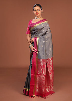 Grey Kanjivaram Silk Saree With Blouse Piece