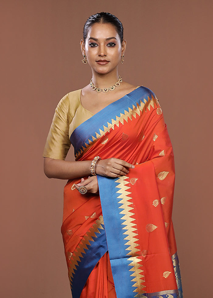 Rust Kanjivaram Silk Saree With Blouse Piece