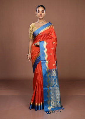 Rust Kanjivaram Silk Saree With Blouse Piece