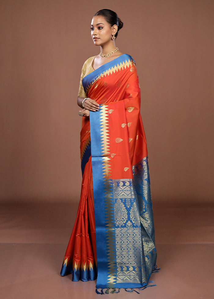 Rust Kanjivaram Silk Saree With Blouse Piece