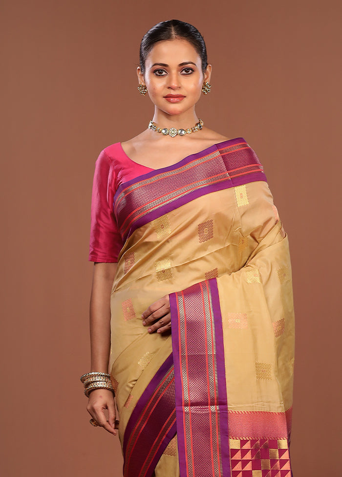 Cream Kanjivaram Silk Saree With Blouse Piece