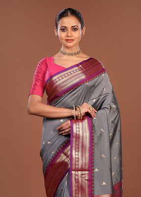 Grey Kanjivaram Silk Saree With Blouse Piece