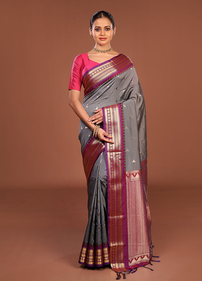 Grey Kanjivaram Silk Saree With Blouse Piece