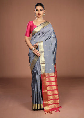 Grey Kanjivaram Silk Saree With Blouse Piece