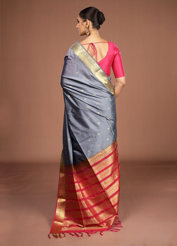Grey Kanjivaram Silk Saree With Blouse Piece