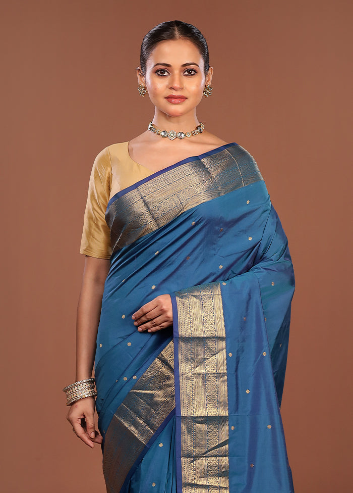 Blue Kanjivaram Silk Saree With Blouse Piece