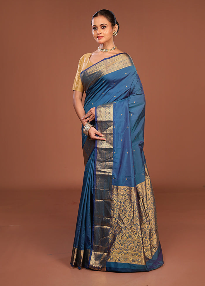 Blue Kanjivaram Silk Saree With Blouse Piece