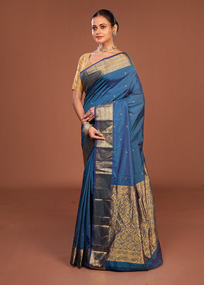 Blue Kanjivaram Silk Saree With Blouse Piece