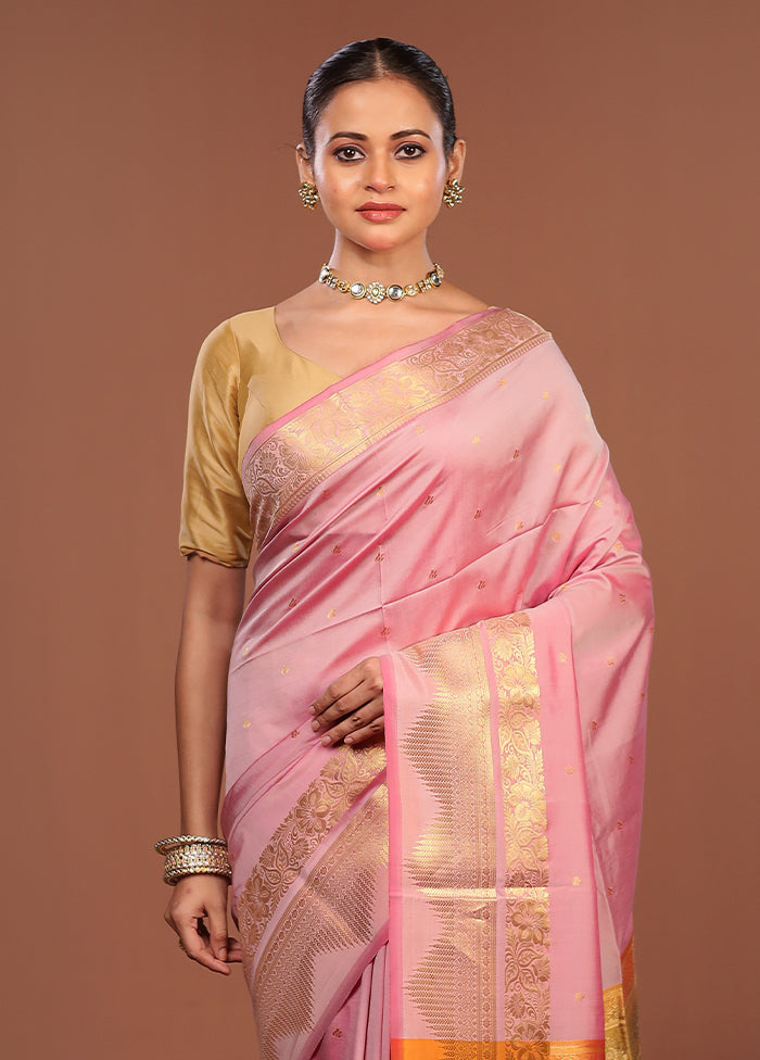 Pink Kanjivaram Silk Saree With Blouse Piece