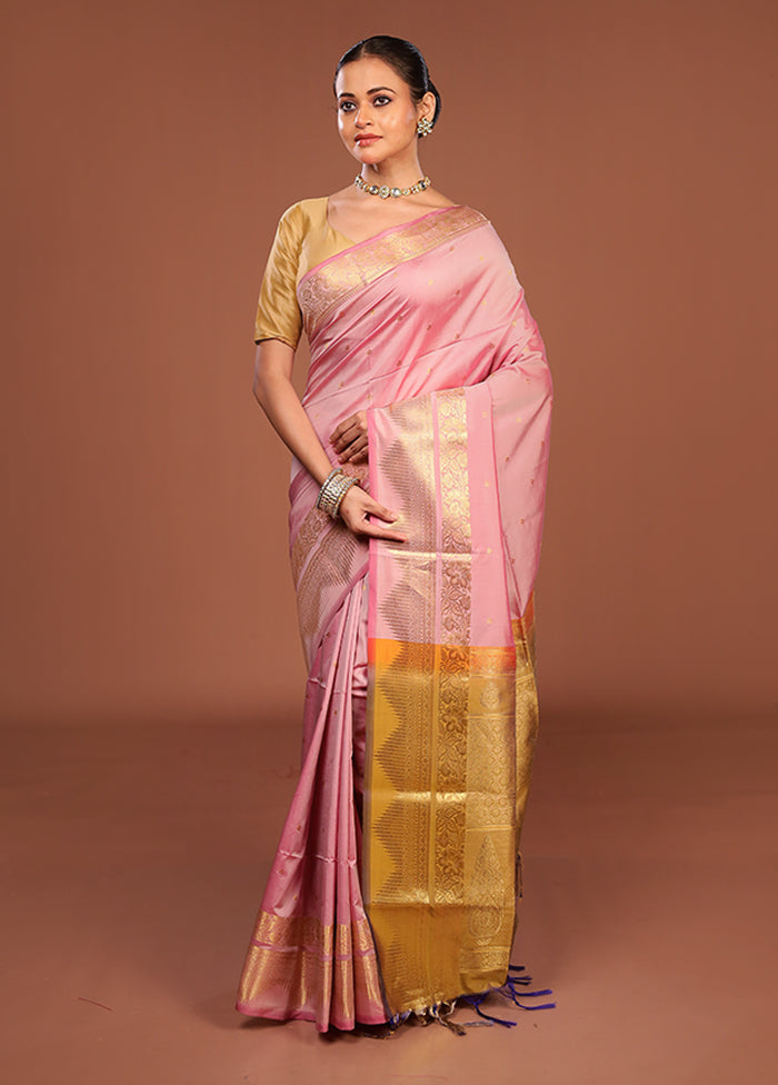 Pink Kanjivaram Silk Saree With Blouse Piece