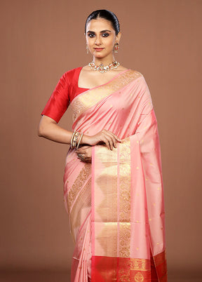 Pink Kanjivaram Silk Saree With Blouse Piece