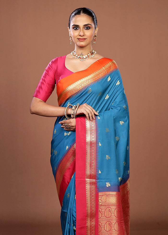 Blue Kanjivaram Silk Saree With Blouse Piece