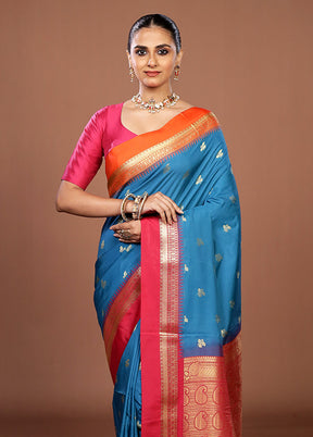 Blue Kanjivaram Silk Saree With Blouse Piece