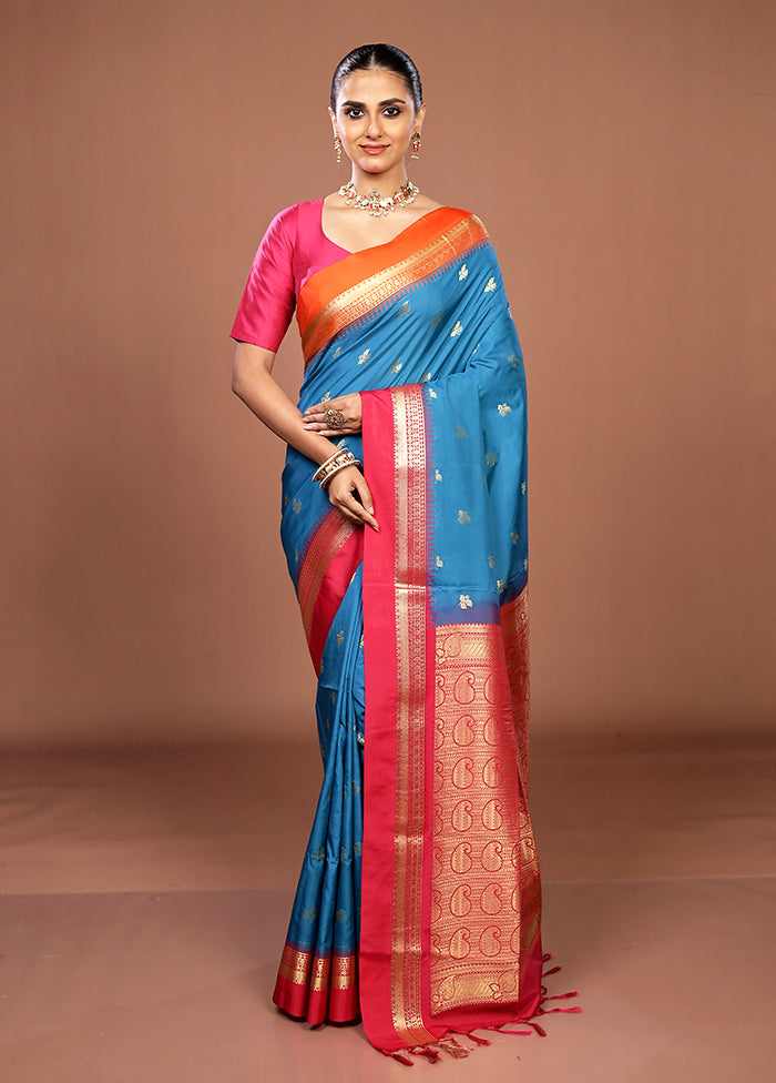 Blue Kanjivaram Silk Saree With Blouse Piece