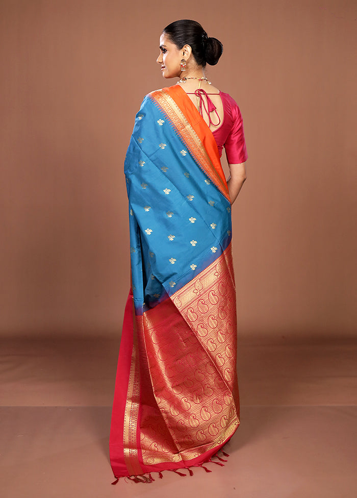 Blue Kanjivaram Silk Saree With Blouse Piece