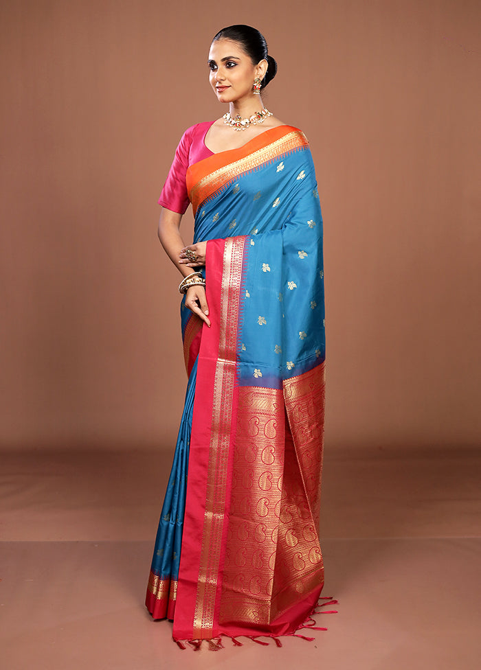 Blue Kanjivaram Silk Saree With Blouse Piece