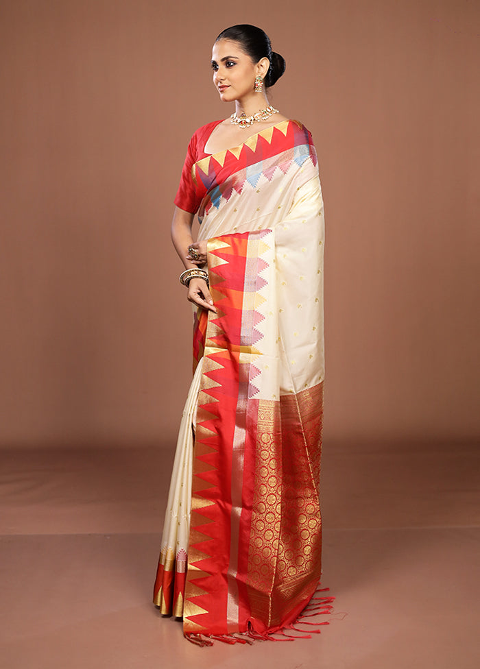 Cream Kanjivaram Silk Saree With Blouse Piece