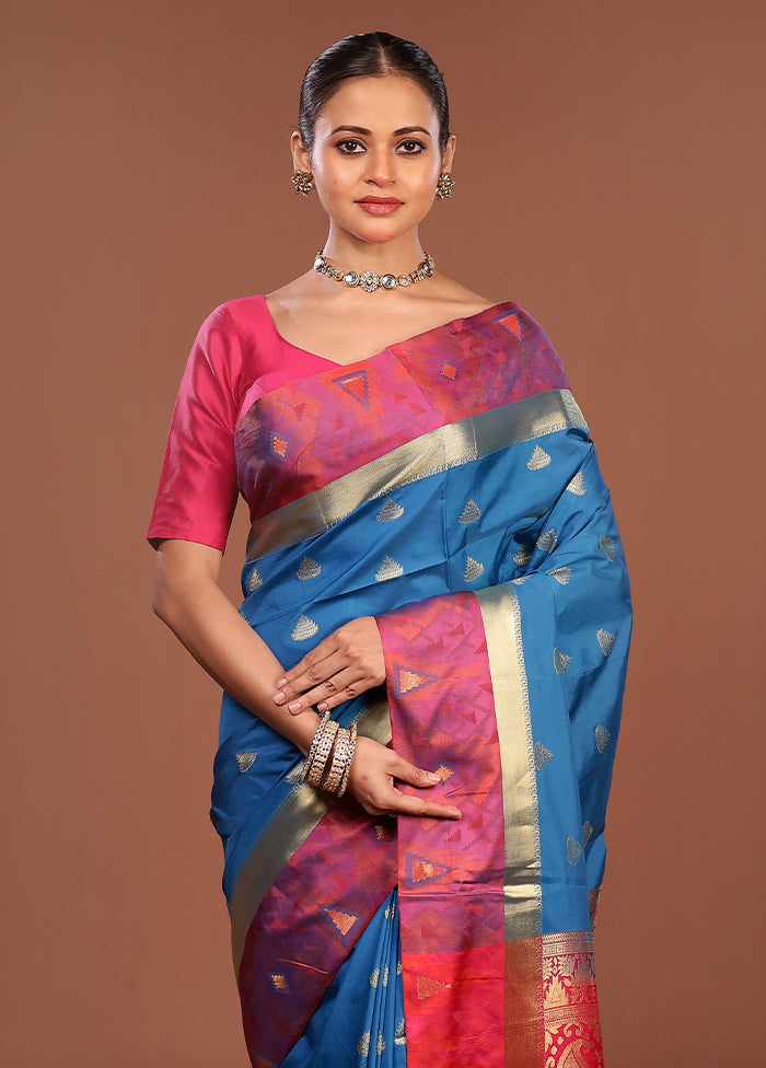 Blue Kanjivaram Silk Saree With Blouse Piece