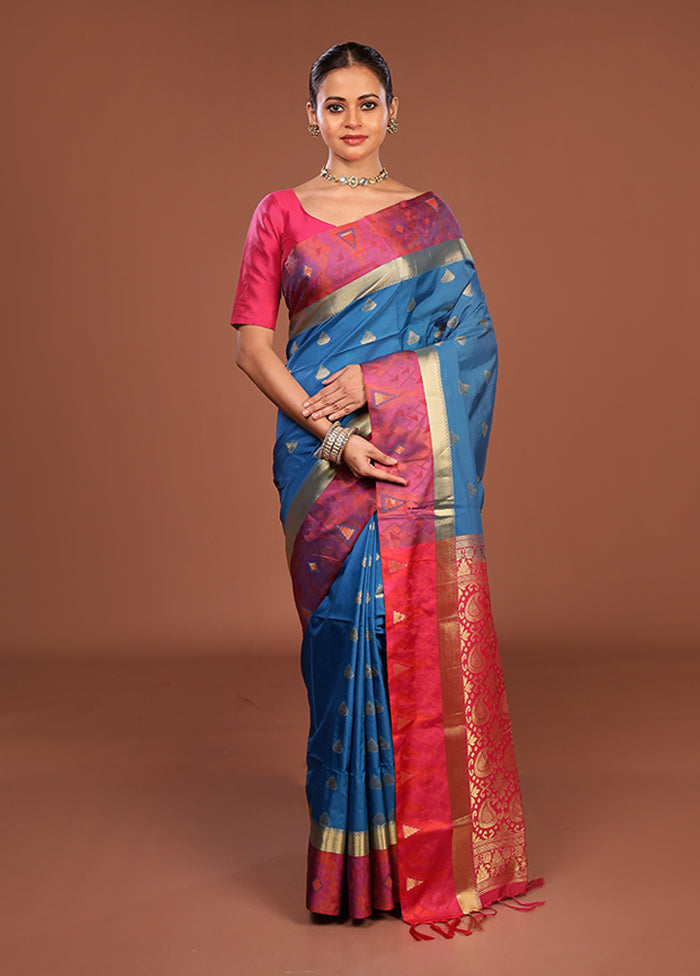 Blue Kanjivaram Silk Saree With Blouse Piece