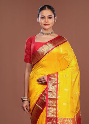 Yellow Handloom Kanjivaram Pure Silk Saree With Blouse Piece