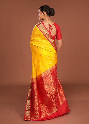 Yellow Handloom Kanjivaram Pure Silk Saree With Blouse Piece