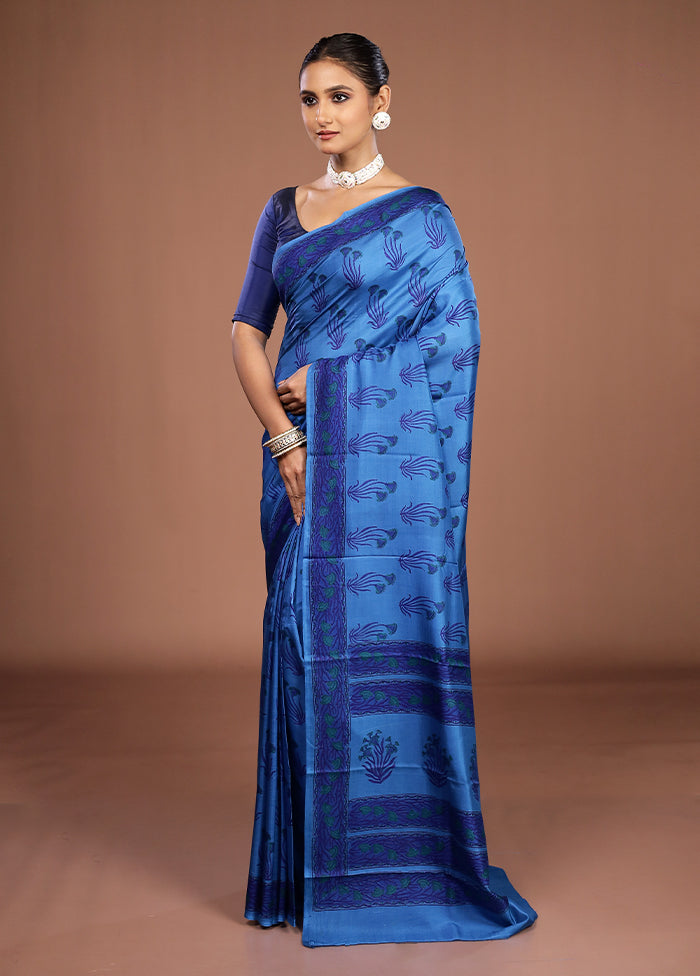 Blue Printed Pure Silk Saree Without Blouse Piece