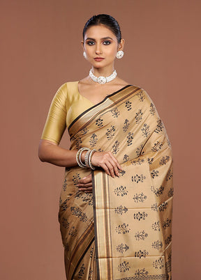 Cream Printed Pure Silk Saree Without Blouse Piece