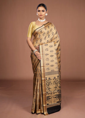 Cream Printed Pure Silk Saree Without Blouse Piece