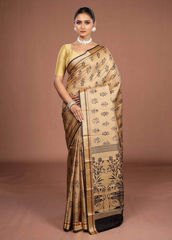 Cream Printed Pure Silk Saree Without Blouse Piece