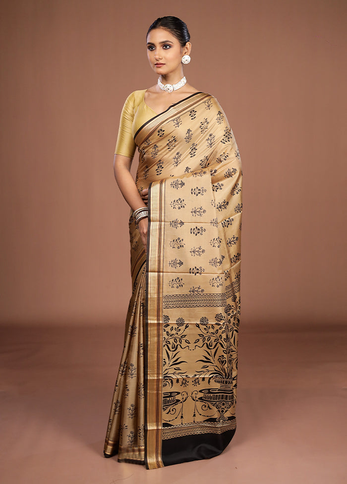 Cream Printed Pure Silk Saree Without Blouse Piece