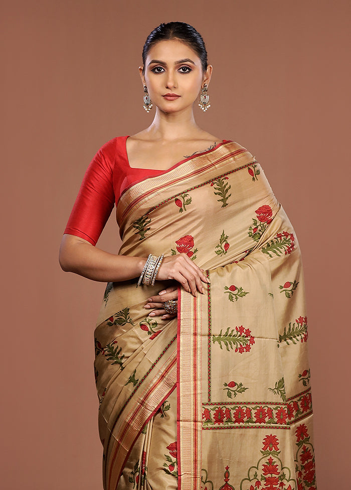 Cream Printed Pure Silk Saree Without Blouse Piece