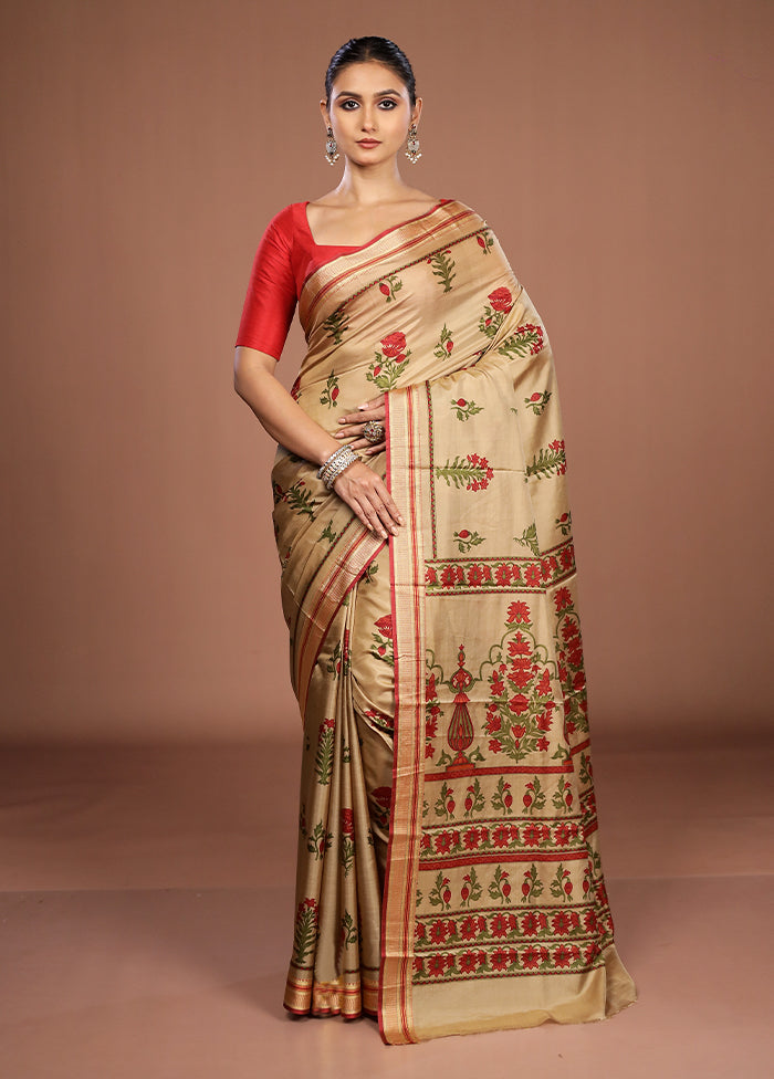 Cream Printed Pure Silk Saree Without Blouse Piece