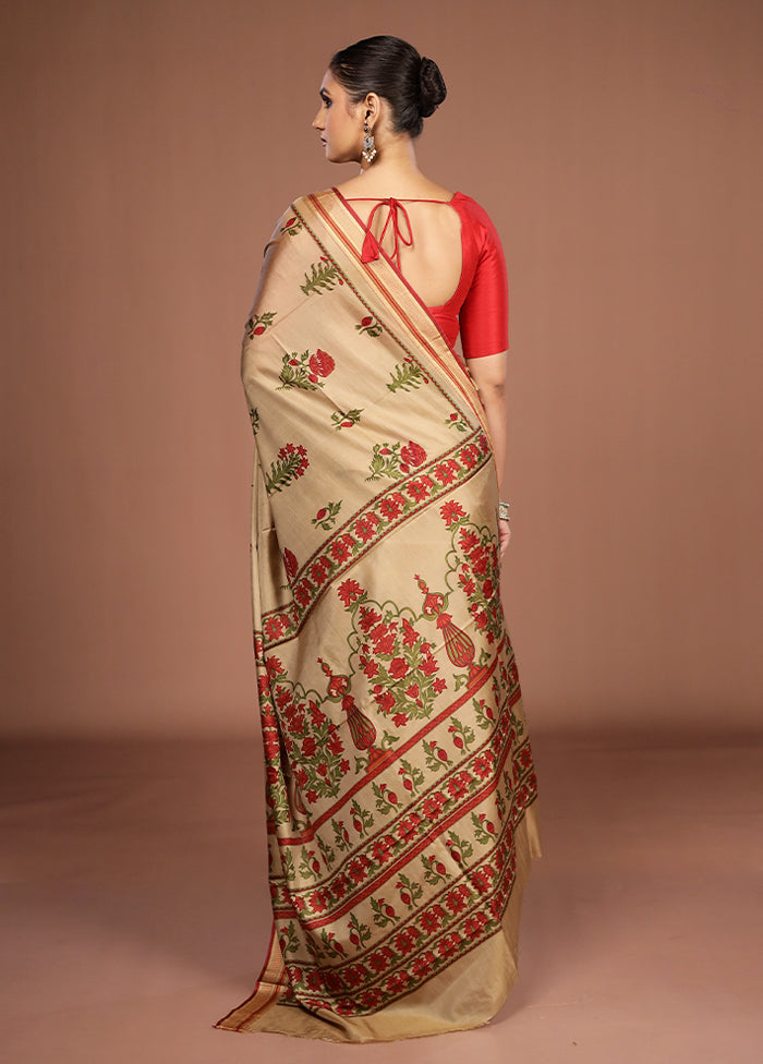Cream Printed Pure Silk Saree Without Blouse Piece