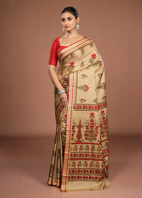 Cream Printed Pure Silk Saree Without Blouse Piece