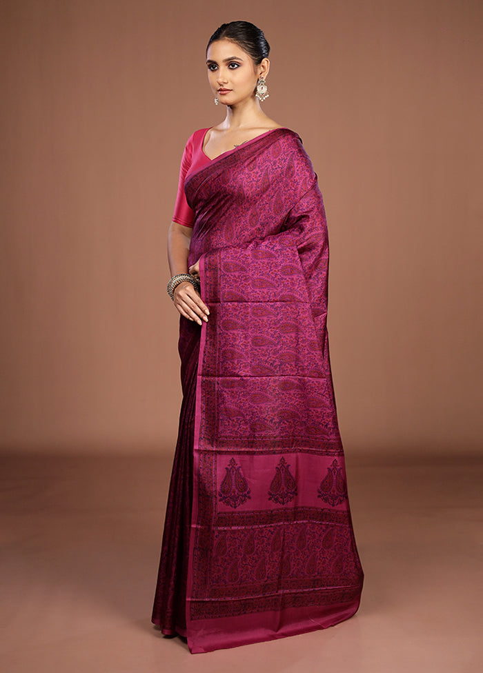 Purple Printed Pure Silk Saree Without Blouse Piece
