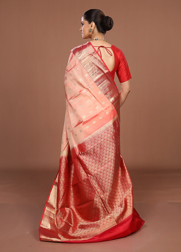Pink Handloom Kanjivaram Pure Silk Saree With Blouse Piece
