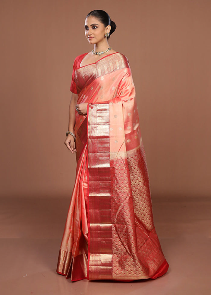 Pink Handloom Kanjivaram Pure Silk Saree With Blouse Piece