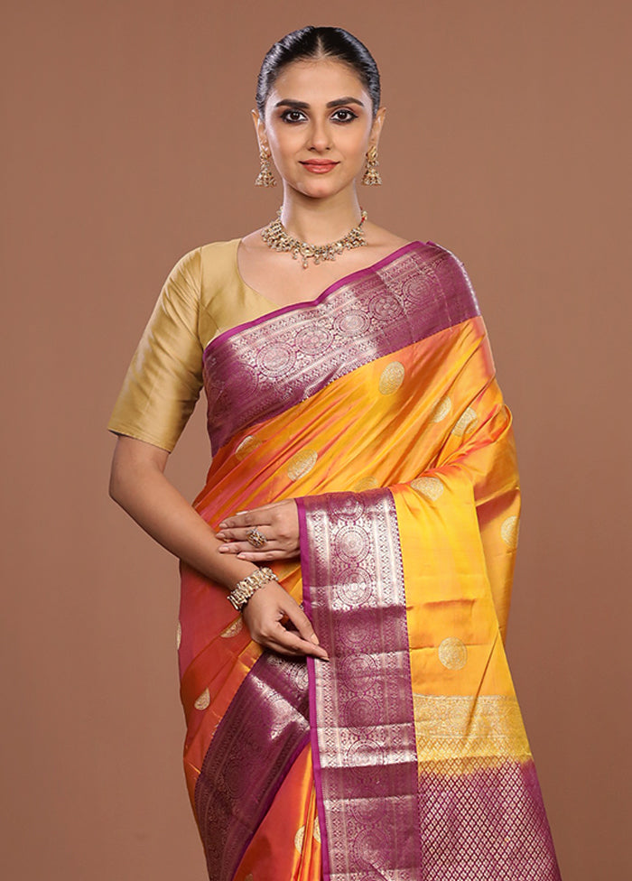 Yellow Handloom Kanjivaram Pure Silk Saree With Blouse Piece