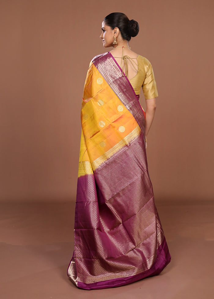 Yellow Handloom Kanjivaram Pure Silk Saree With Blouse Piece