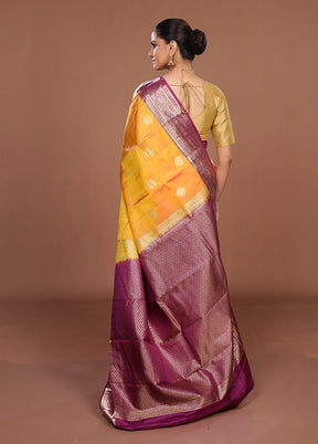 Yellow Handloom Kanjivaram Pure Silk Saree With Blouse Piece