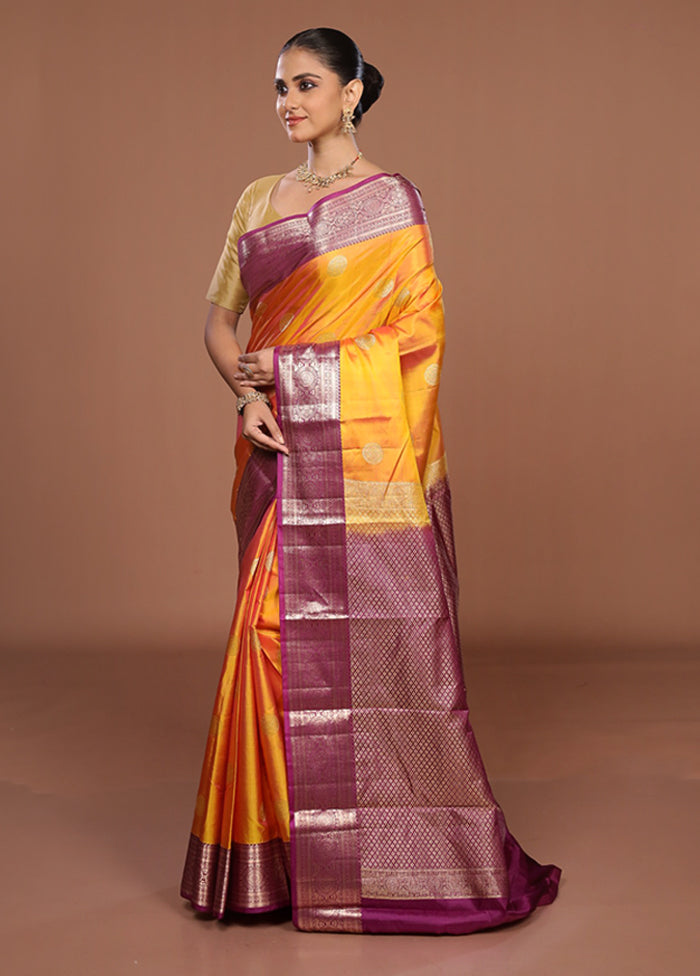 Yellow Handloom Kanjivaram Pure Silk Saree With Blouse Piece