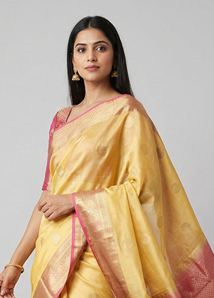 Cream Handloom Kanjivaram Pure Silk Saree With Blouse Piece