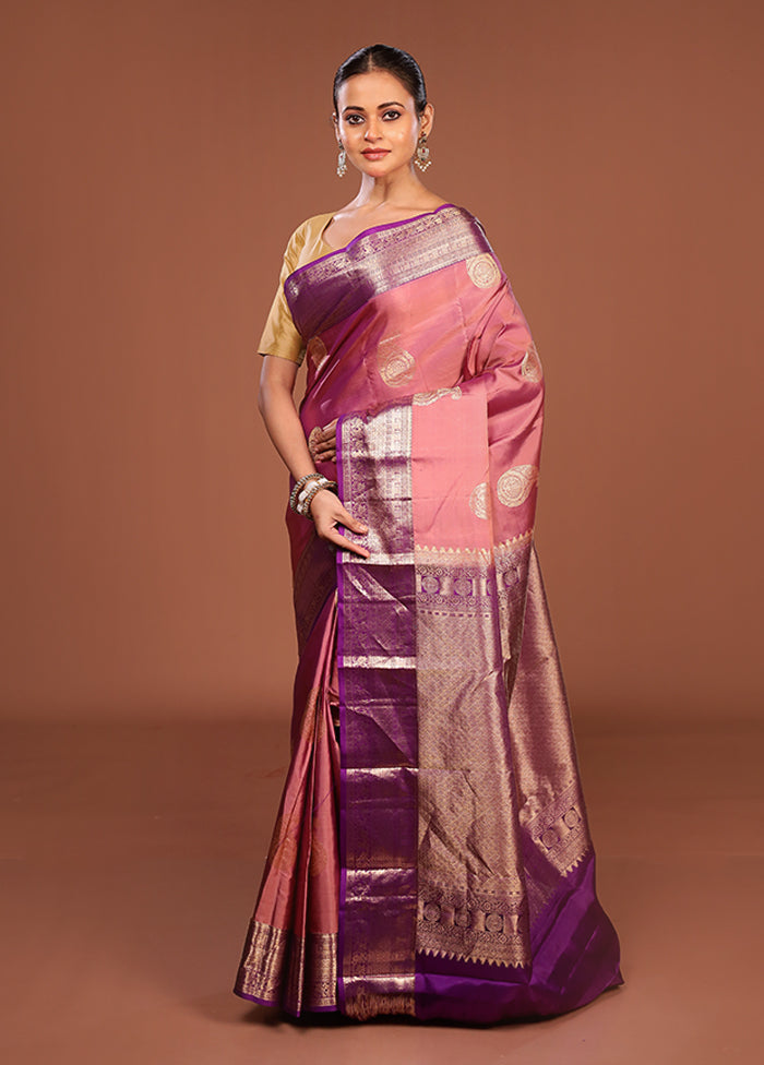 Pink Handloom Kanchipuram Pure Silk Saree With Blouse Piece