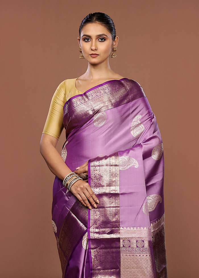 Purple Handloom Kanchipuram Pure Silk Saree With Blouse Piece